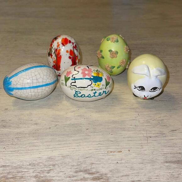 Set of 5 Handmade Hand-painted Ceramic Easter Eggs Spring Decor Artist Signed - Picture 1 of 8